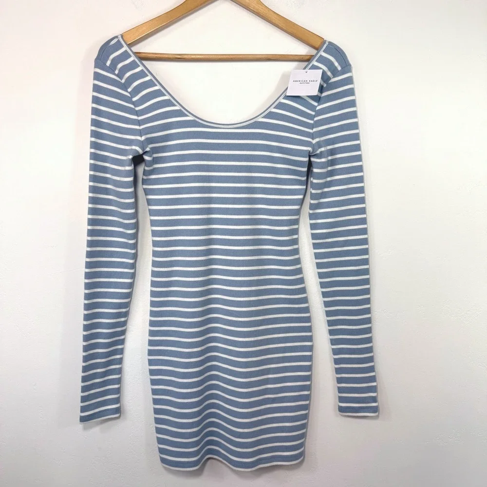 NWT American Eagle Striped Ribbed Mini Dress Blue White Coastal Preppy‎ S